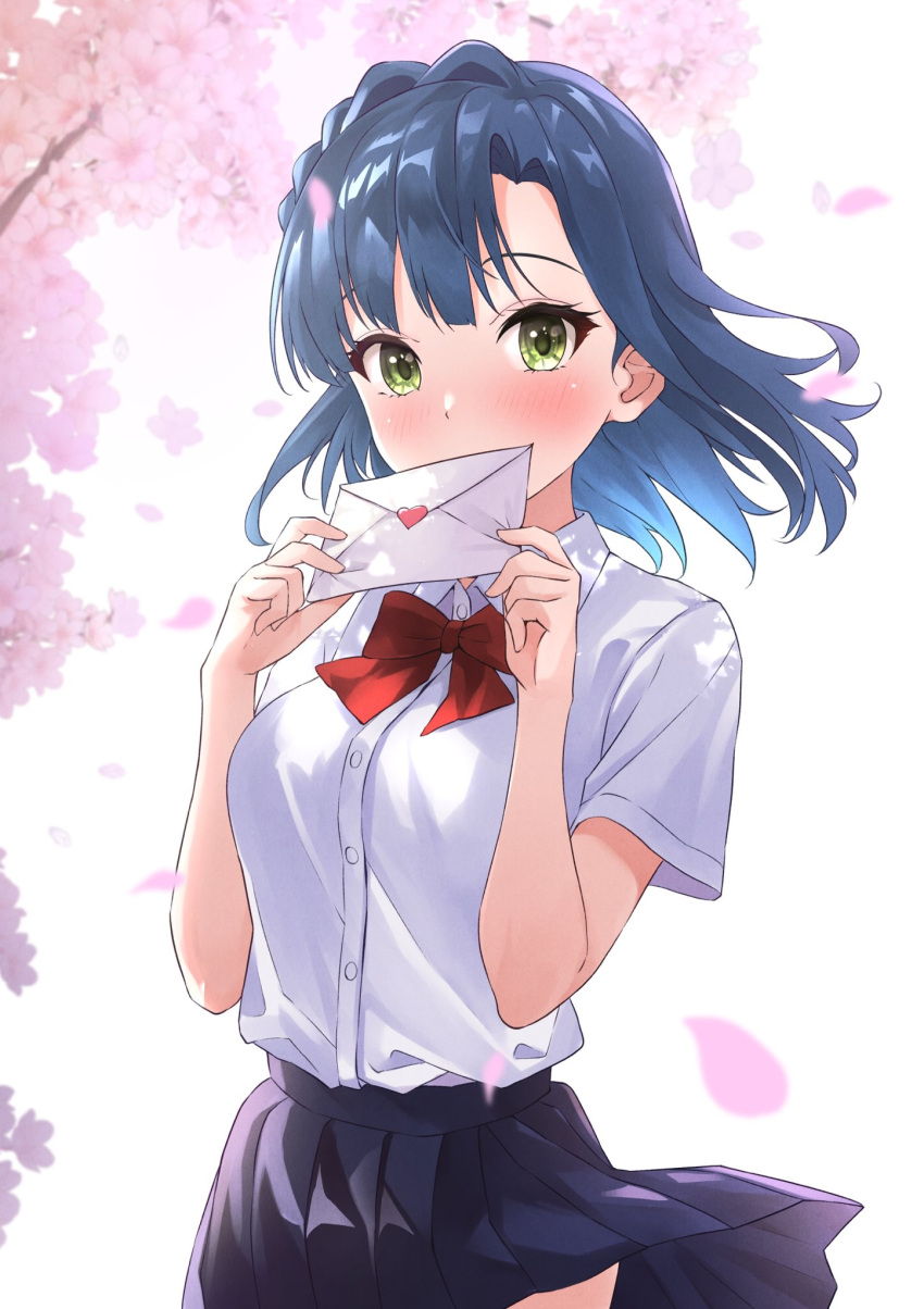 1girl, b1ack_illust, black_skirt, blue_hair, blush, braid, breasts, cherry_blossoms