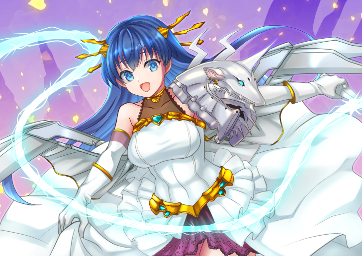 1girl, :d, armor, blue_eyes, blue_hair, breasts, commission, detached_sleeves