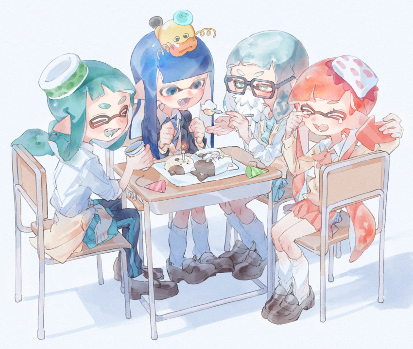 >_<, +_+, 4girls, :d, absurdres, ajomo, animal_on_head, ascot, birthday, black_jacket, black_leggings, blazer, blue-framed_eyewear, blue_necktie, blue_shorts, blue_skirt, blue_tongue, blunt_bangs, bright_pupils, brown_footwear, callie_(splatoon), callie_(splatoon)_(cosplay), cap'n_cuttlefish, cap'n_cuttlefish_(cosplay), cardigan, cardigan_around_waist, chair, character_cake, clenched_hands, clothes_around_waist, collared_shirt, colored_tongue, cosplay, cup, desk, disposable_cup, fake_beard, fake_facial_hair, fangs, feeding, fork, full_body, glasses, green_hair, green_hat, hat, highres, holding, holding_cup, holding_fork, holding_phone, inkling_girl, inkling_player_character, jacket, judd_(splatoon), leggings, leggings_under_shorts, li'l_judd_(splatoon), loafers, long_hair, marie_(splatoon), marie_(splatoon)_(cosplay), medium_hair, multiple_girls, necktie, on_chair, on_head, open_clothes, open_jacket, open_mouth, party_hat, phone, pink_ascot, pink_hair, pink_hat, pink_skirt, pleated_skirt, pointy_ears, school_chair, school_desk, school_uniform, shirt, shoes, shorts, sitting, skirt, smile, socks, splatoon_(series), sweater_vest, tearing_up, tears, tentacle_hair, twintails, unworn_hat, unworn_headwear, white_background, white_cardigan, white_pupils, white_shirt, white_socks, wiping_tears, yellow_cardigan, yellow_sweater_vest, zapfish