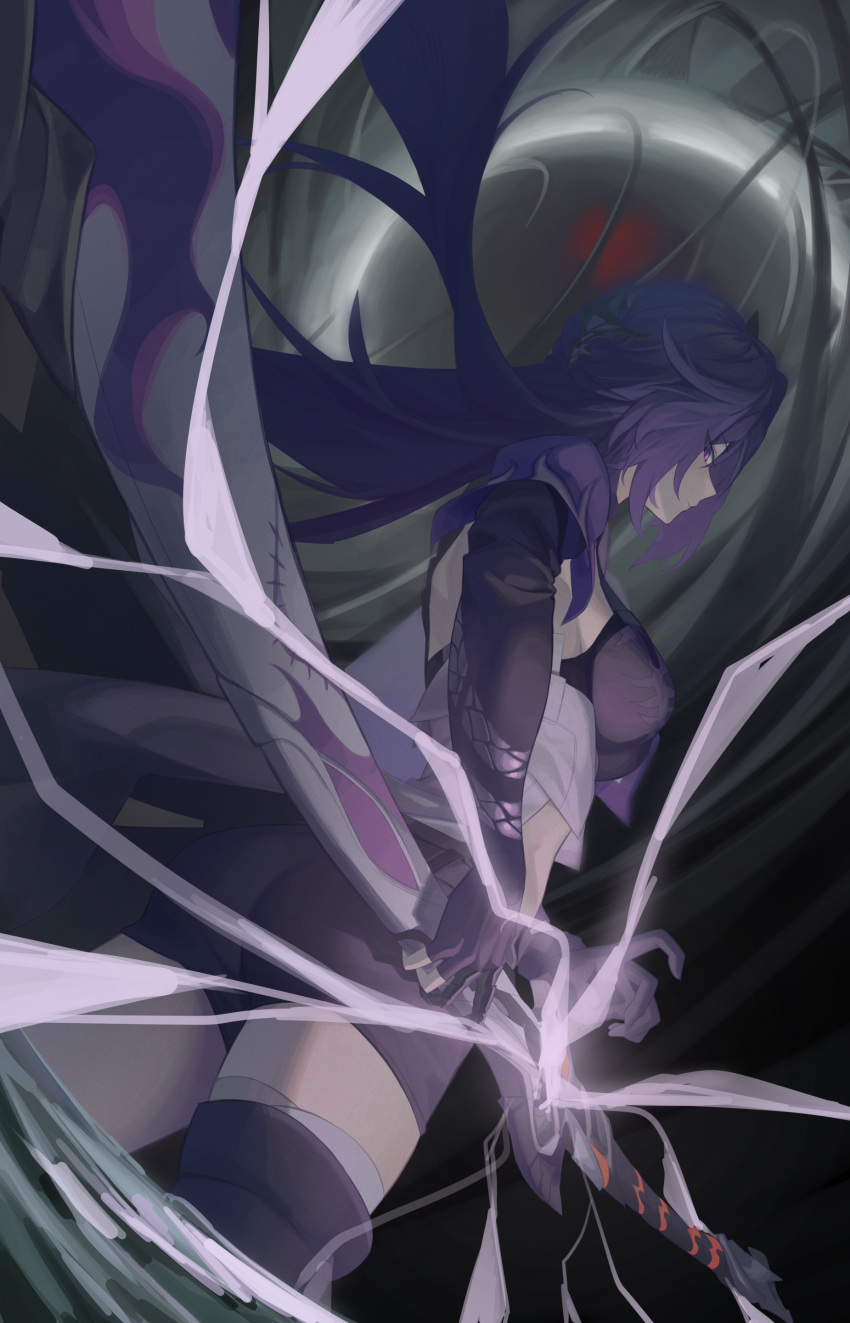 1girl, absurdres, acheron_(honkai:_star_rail), asymmetrical_footwear, black_choker, black_gloves, black_shorts, bokk_eouh