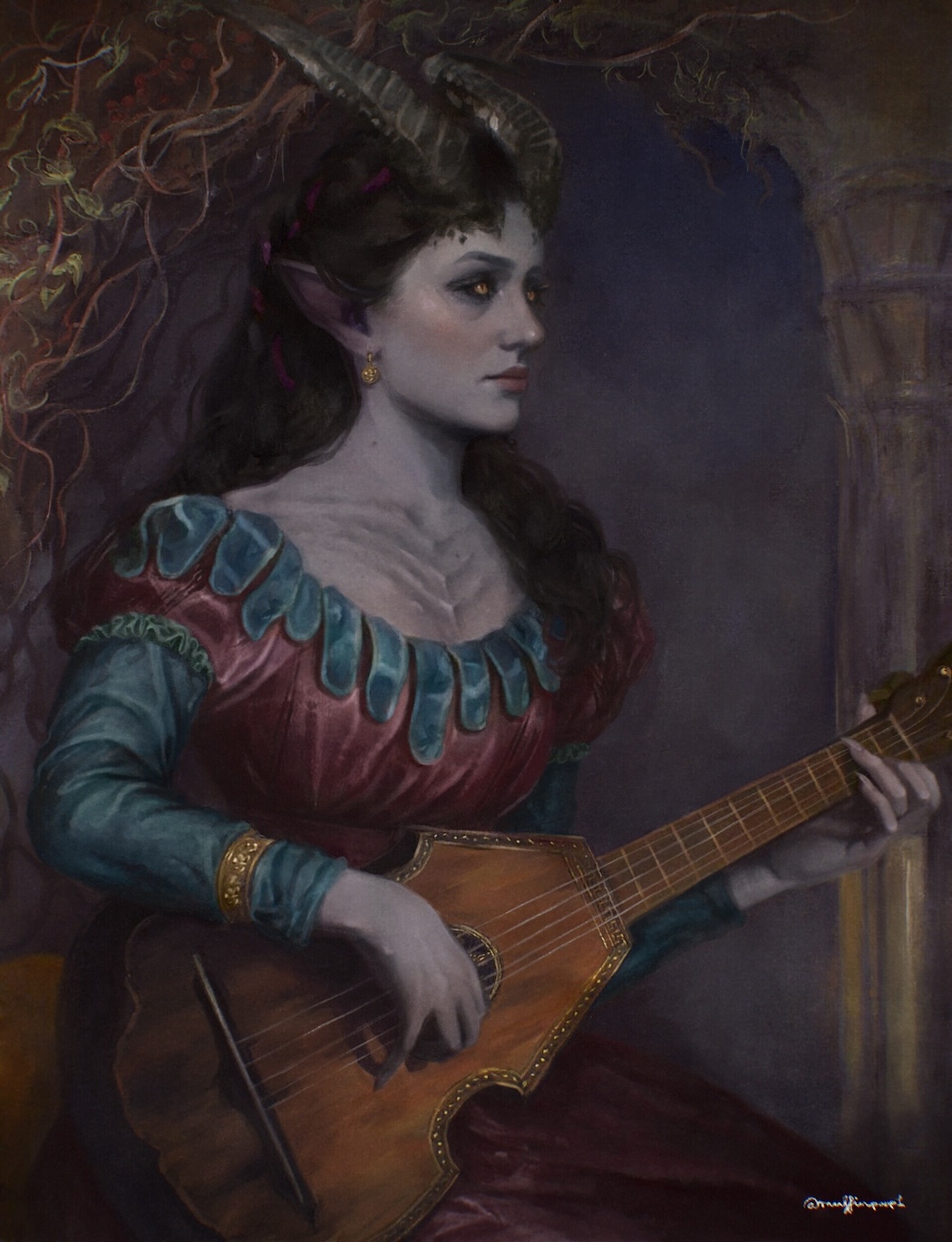 1girl, alfira, baldur's_gate, baldur's_gate_3, bard, black_hair, colored_skin, dungeons_&amp;_dragons