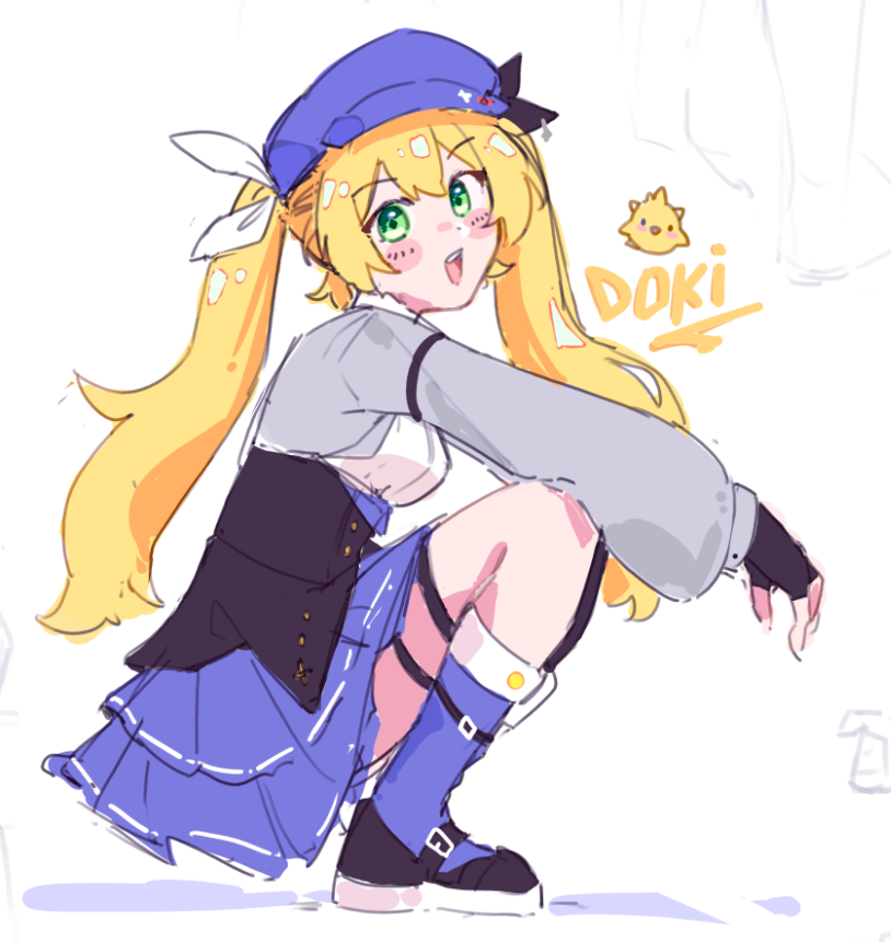 black_footwear, black_gloves, blonde_hair, blue_hat, blue_skirt, blush_stickers, character_name, cropped_jacket