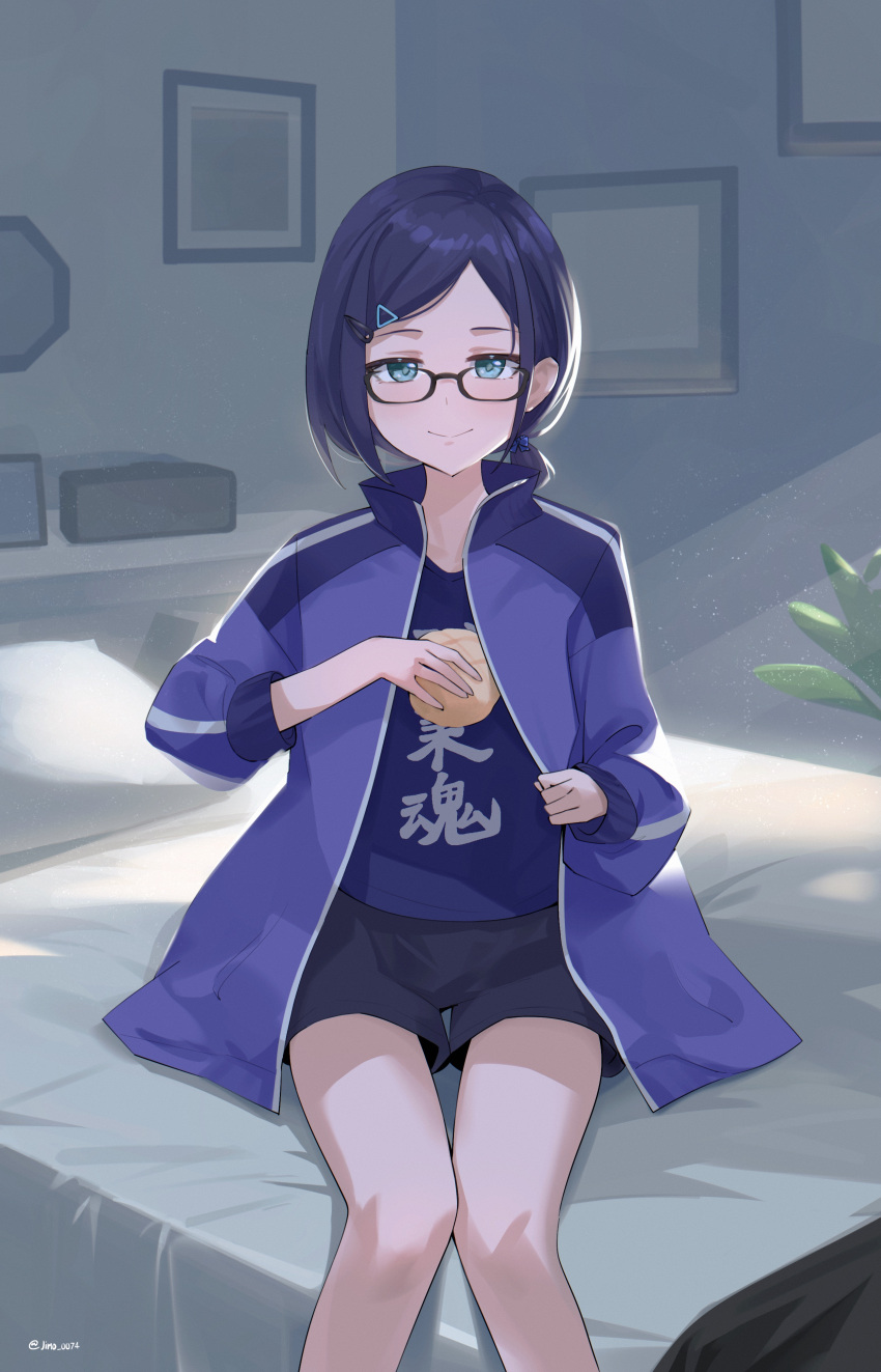 1girl, a-chan_(3rd_costume)_(hololive), a-chan_(hololive), absurdres, asymmetrical_hair, bed, black-framed_eyewear, blue_bow