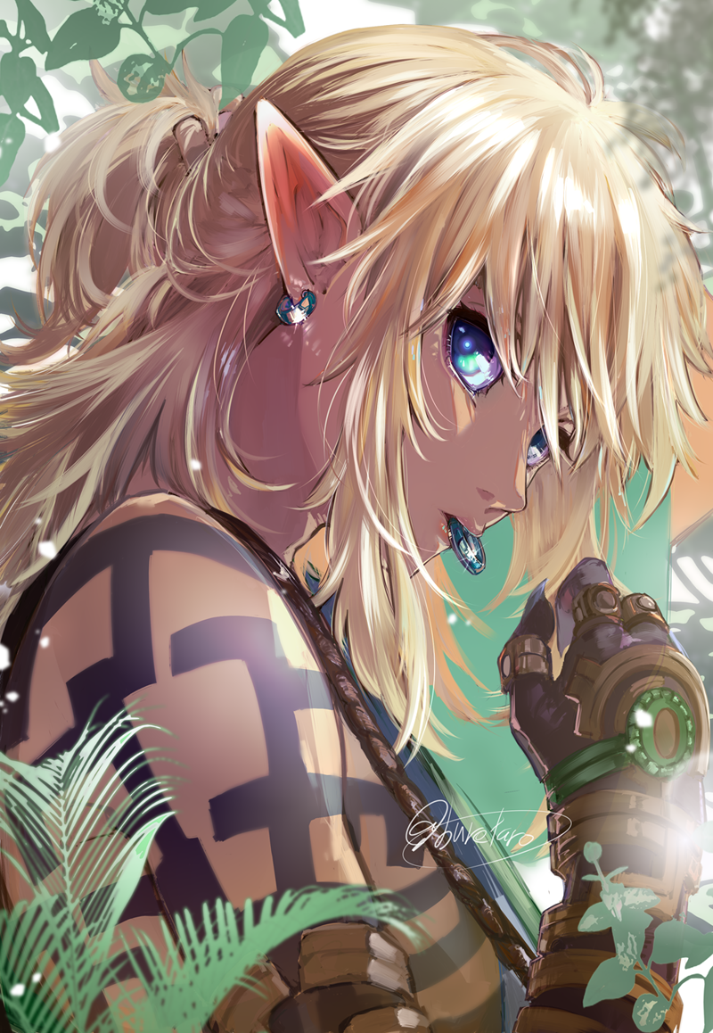 1boy, arm_tattoo, backlighting, blonde_hair, blue_eyes, earrings, hoop_earrings, jewelry