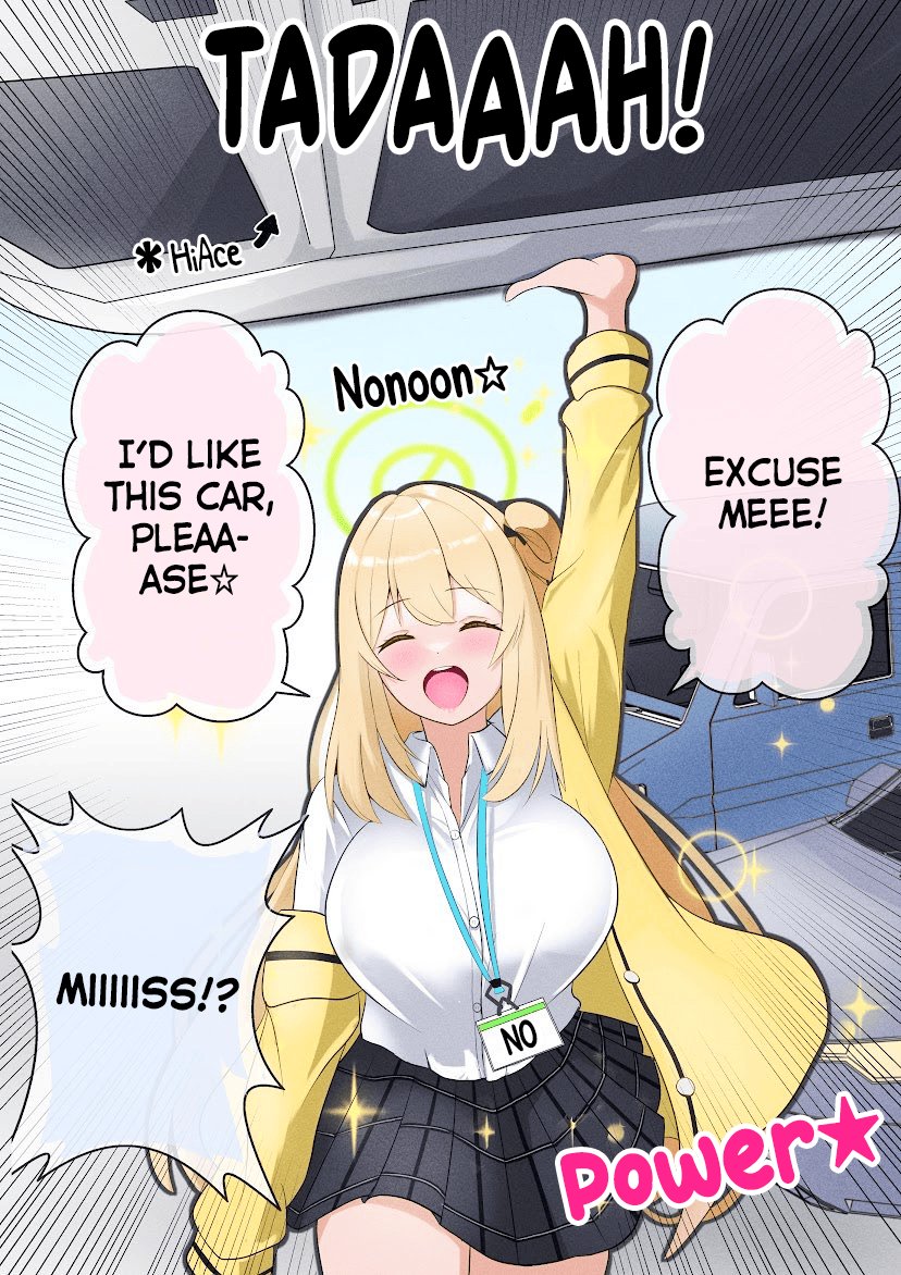 1girl, alternate_language, blonde_hair, blue_archive, breasts, car, commentary, english_text