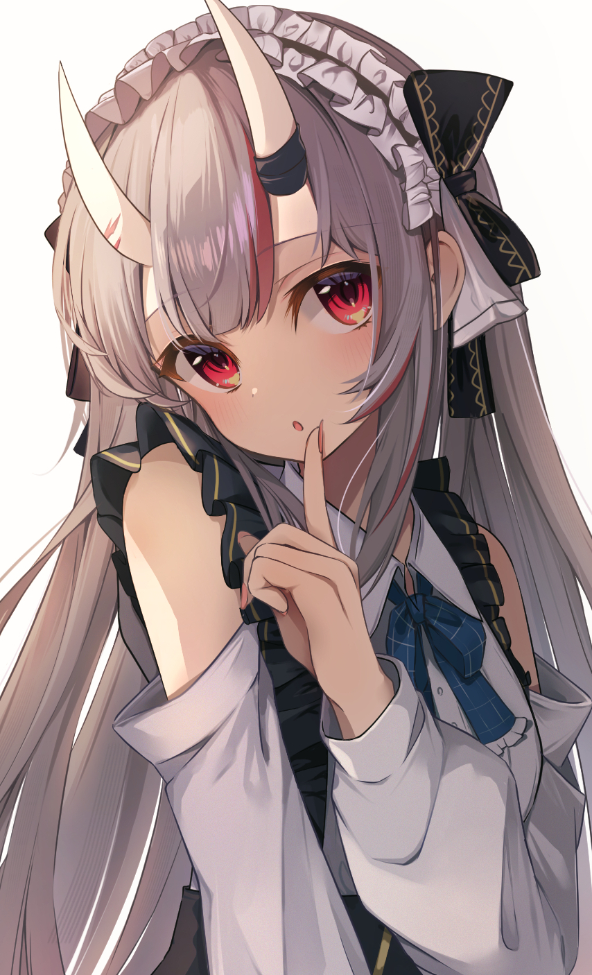 1girl, annin_oekaki, blush, center_frills, clothing_cutout, collared_shirt, finger_to_mouth, frilled_hairband, frilled_shirt, frills, grey_hair, hairband, highres, hololive, horns, lolita_hairband, long_hair, looking_at_viewer, multicolored_hair, nakiri_ayame, nakiri_ayame_(girly), official_alternate_costume, oni, open_mouth, redhead, shirt, shoulder_cutout, skin-covered_horns, solo, streaked_hair, virtual_youtuber, white_background, white_hairband, white_shirt
