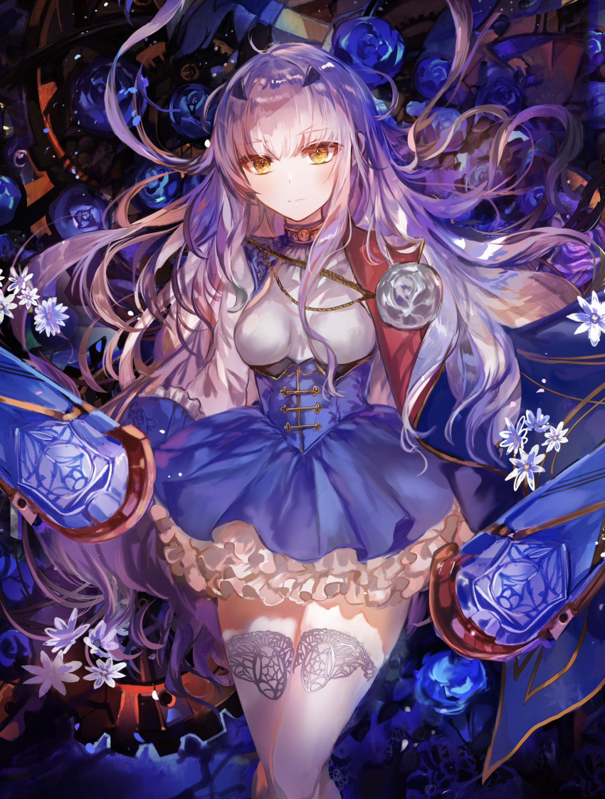 1girl, aiguillette, blue_cape, blue_dress, blue_flower, breasts, cape, dress