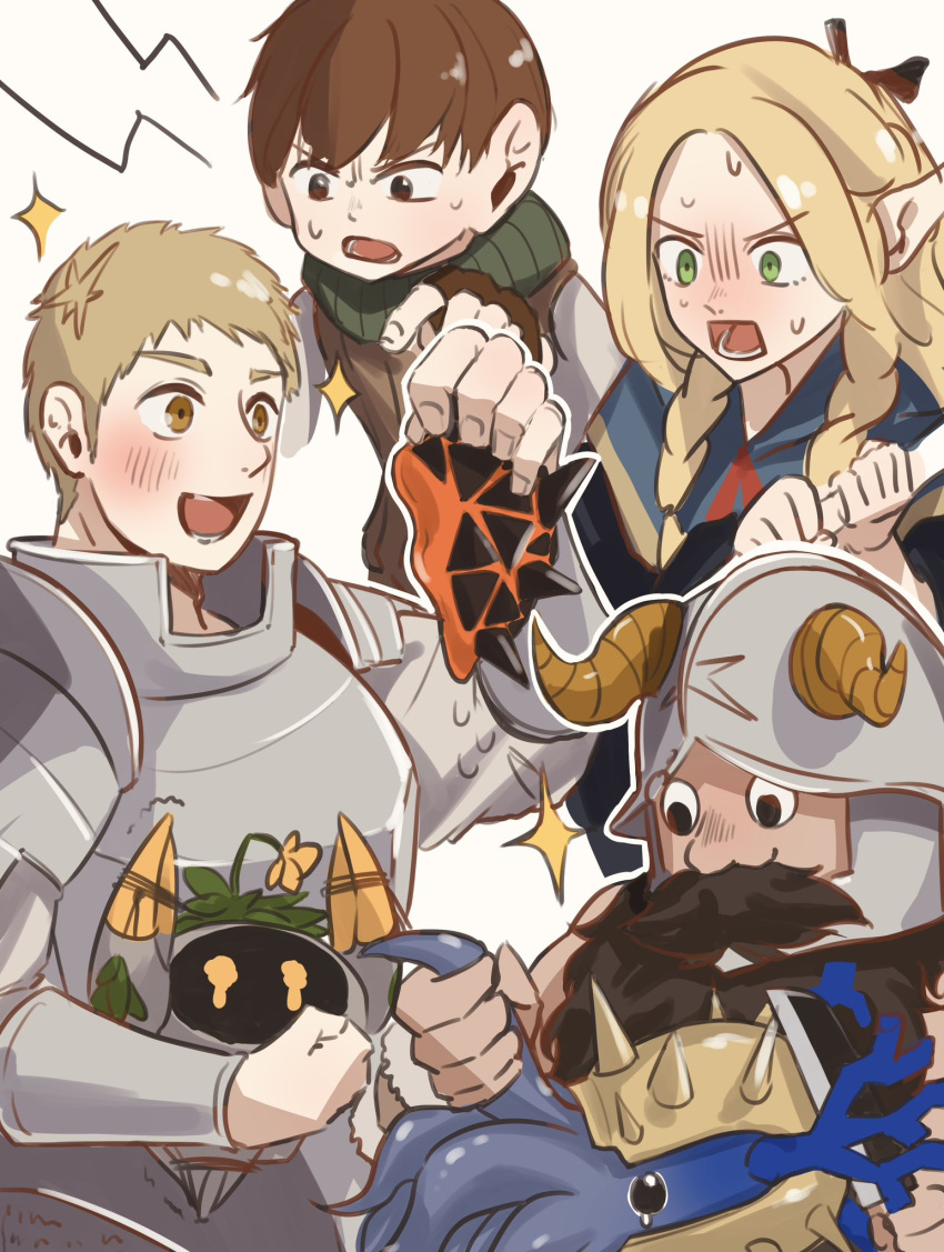 1girl, 3boys, animal, arknights, beard, blush, chilchuck_tims, crossover