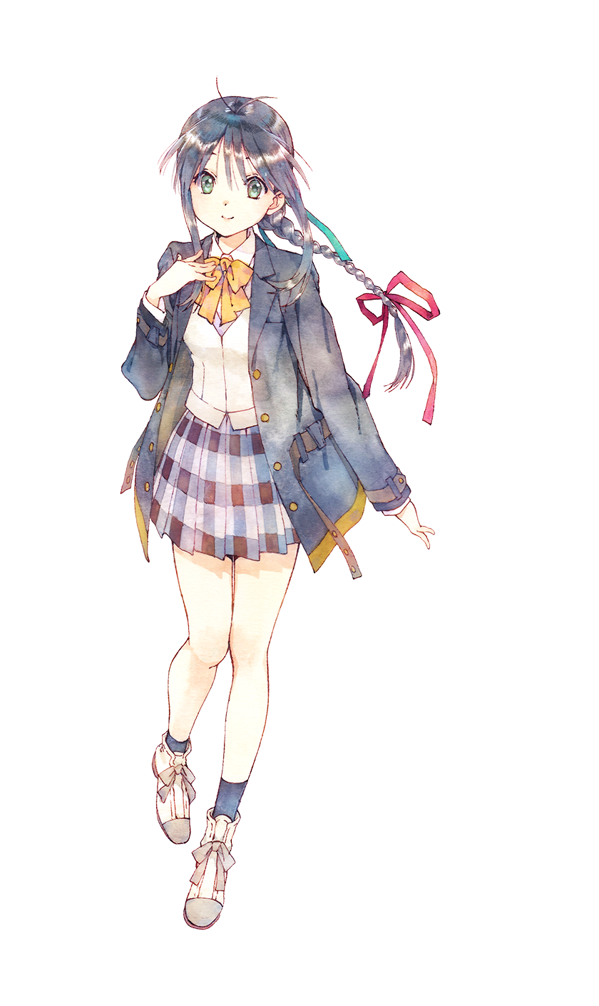 1girl, 22/7, black_hair, bow, braid, full_body, green_eyes, hair_bow