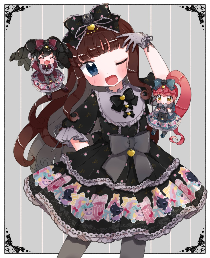 3girls, :d, ;d, arm_up, black_dress, black_hair, black_ribbon, blue_eyes