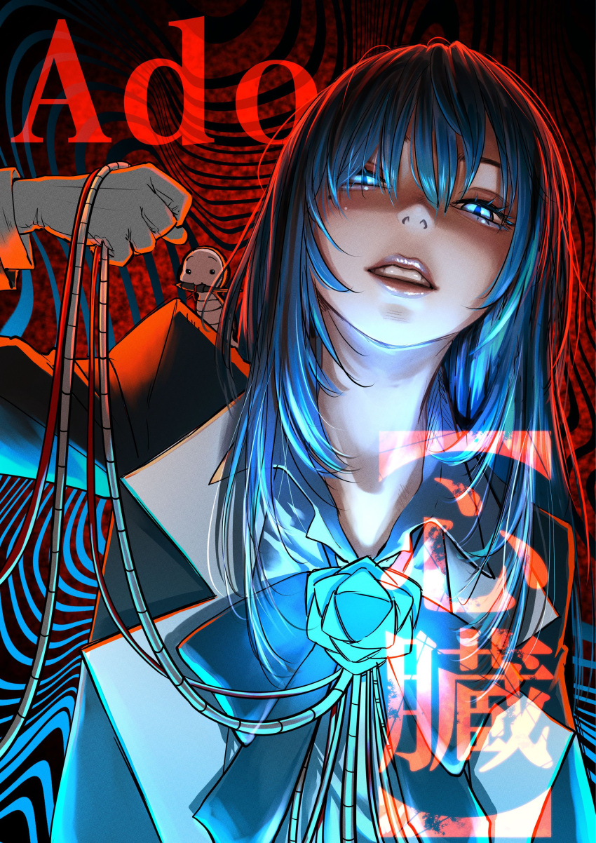 1girl, absurdres, ado_(utaite), aegyo_sal, black_bow, black_bowtie, black_coat, blue_eyes