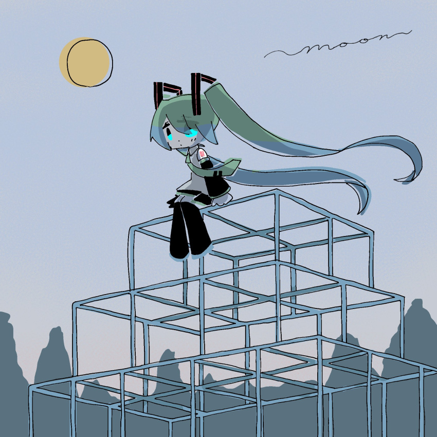 1girl, aqua_eyes, black_footwear, black_sleeves, boots, commentary, detached_sleeves, english_text