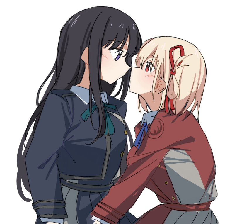 2girls, aqua_ribbon, black_hair, blonde_hair, blue_ribbon, blush, dress, highres