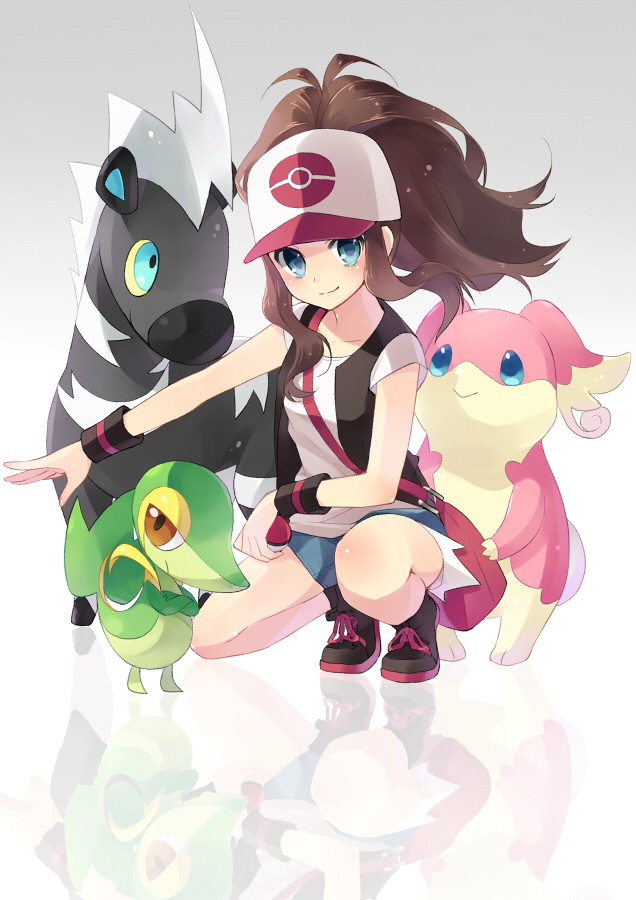 baseball_cap, blitzle, blue_eyes, brown_hair, hat, hijikini, long_hair, poke_ball