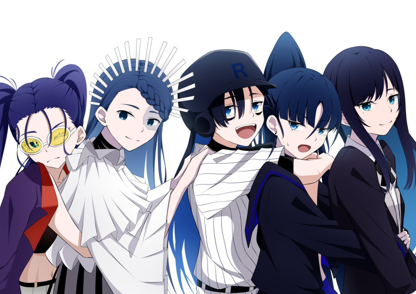 5girls, :d, ado_(utaite), baseball_cap, black_bow, black_bowtie, blue_eyes, blue_hair