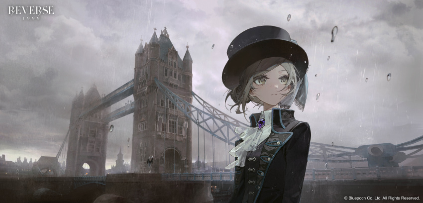 1girl, absurdres, ascot, black_hat, black_jacket, black_vest, blue_bow, boater_hat