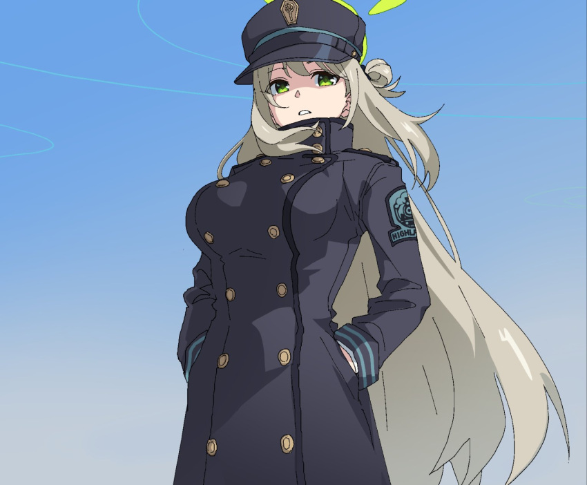 1girl, black_hat, blue_archive, blue_background, breasts, brown_hair, cosplay, gradient_background