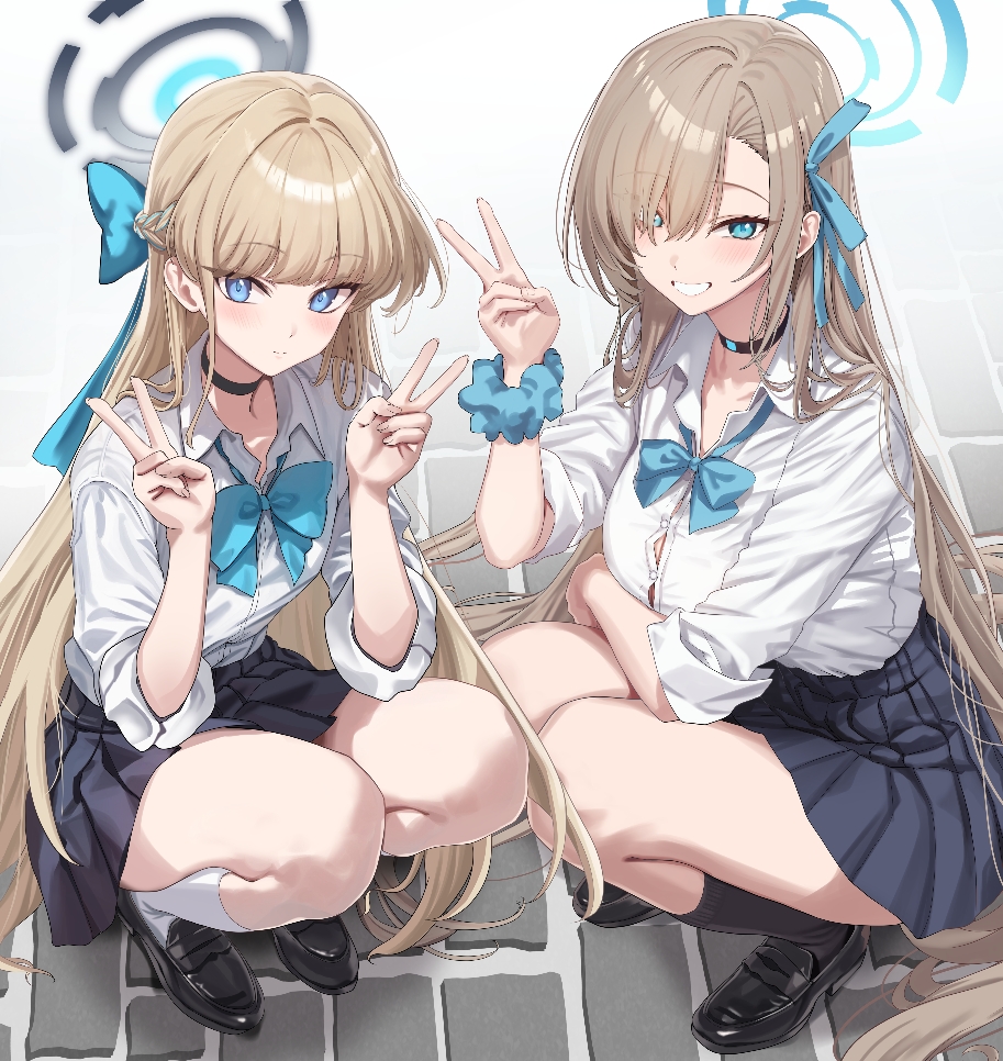 2girls, absurdly_long_hair, alternate_costume, asuna_(blue_archive), black_choker, black_footwear, black_skirt, black_socks