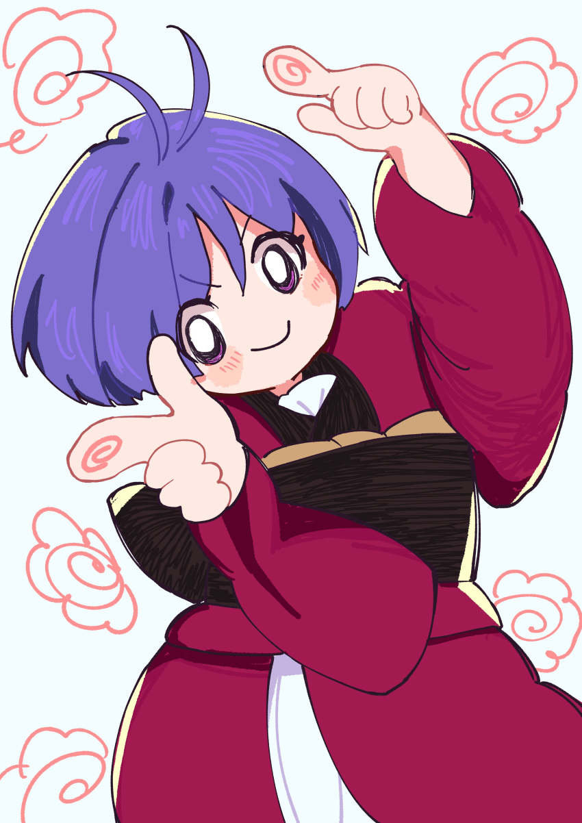 1girl, absurdres, antenna_hair, closed_mouth, fingerprint, hanamaru, hangaku_th, highres, japanese_clothes, kimono, long_sleeves, looking_at_viewer, purple_hair, red_kimono, short_hair, smile, solo, sukuna_shinmyoumaru, touhou, upper_body, violet_eyes, white_background, wide_sleeves
