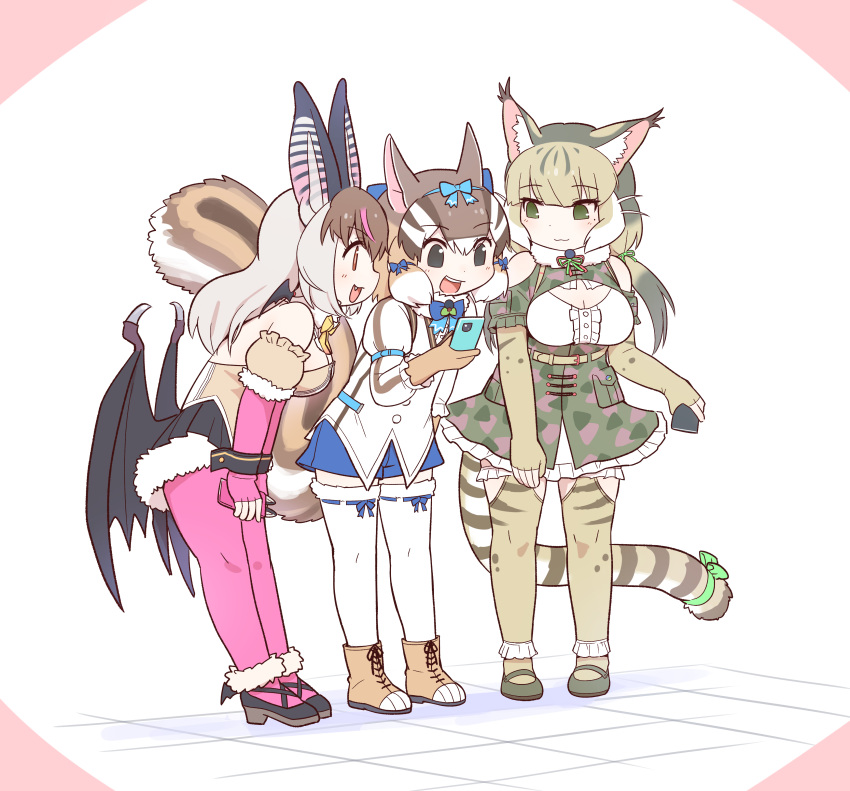 0x0082, 3girls, :3, absurdres, animal_ears, animal_print, bare_shoulders, bat_ears