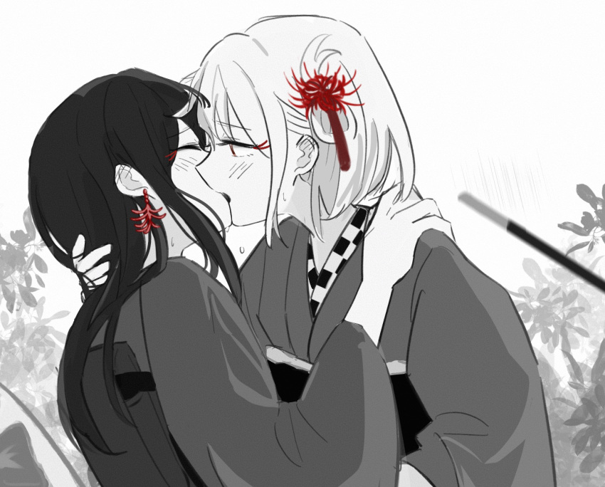 2girls, blush, closed_eyes, commentary_request, ear_blush, earrings, flower, greyscale