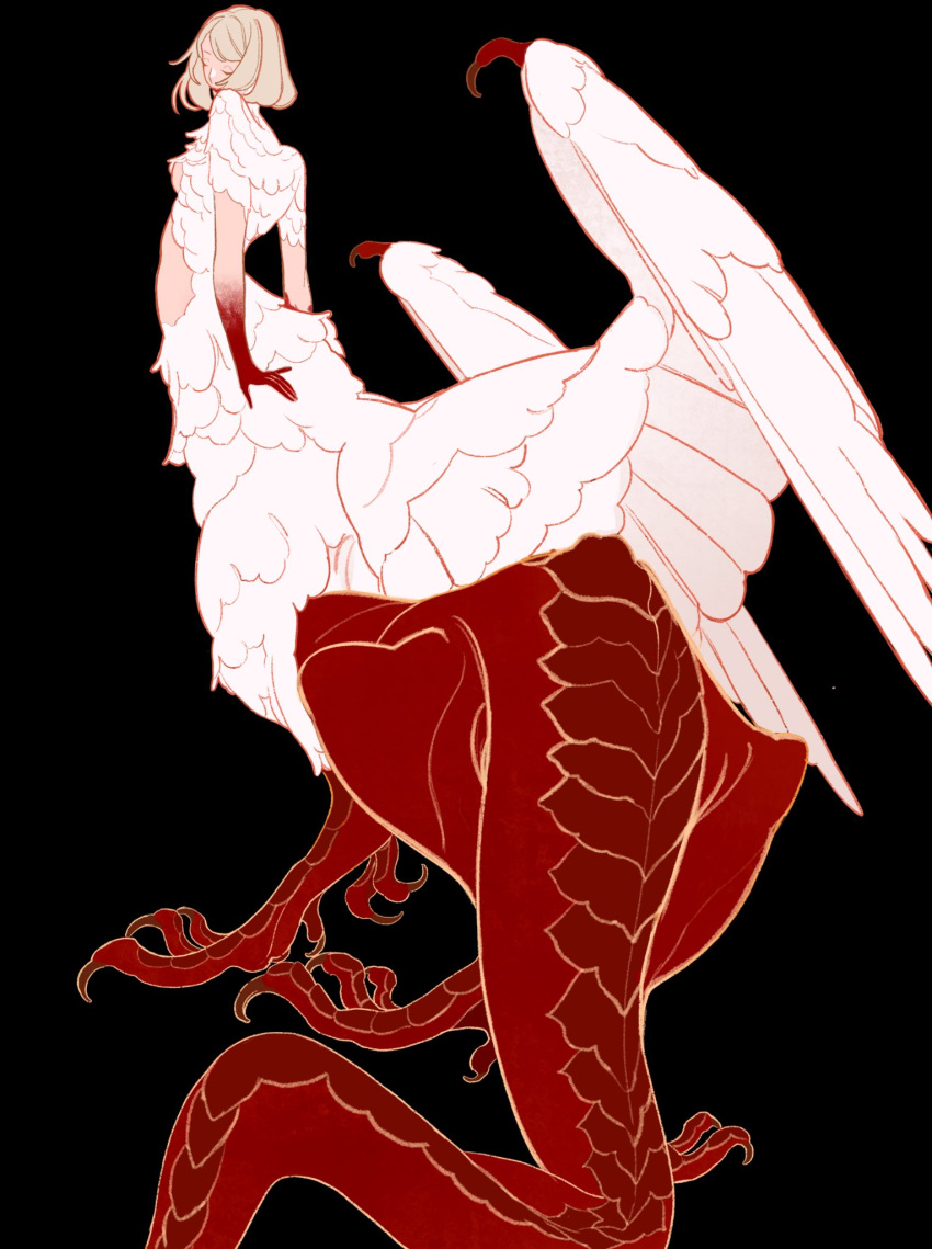 1girl, bird_wings, black_background, blonde_hair, blood, blood_on_face, blood_on_hands, chimera