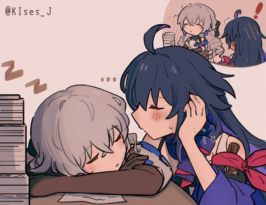 !, ..., 2girls, arm_scarf, black_gloves, blue_hair, blush, bronya_rand