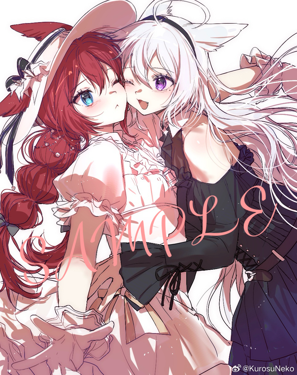 2girls, ;<, ahoge, animal_ears, bare_shoulders, bird_ears, black_dress, black_hairband