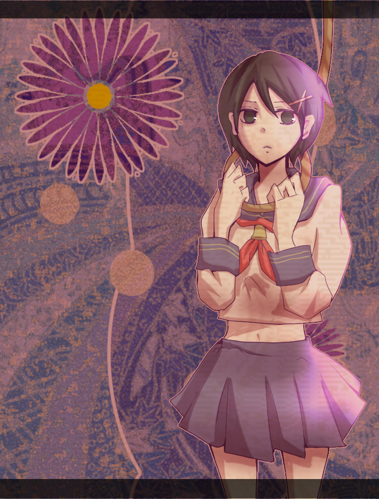 black_hair, flower, frown, fuura_kafuka, hair_ornament, hairclip, japanese_clothes, natsuki_km, navel, noose, rope, sayonara_zetsubou_sensei, school_uniform, serafuku, short_hair, skirt, solo