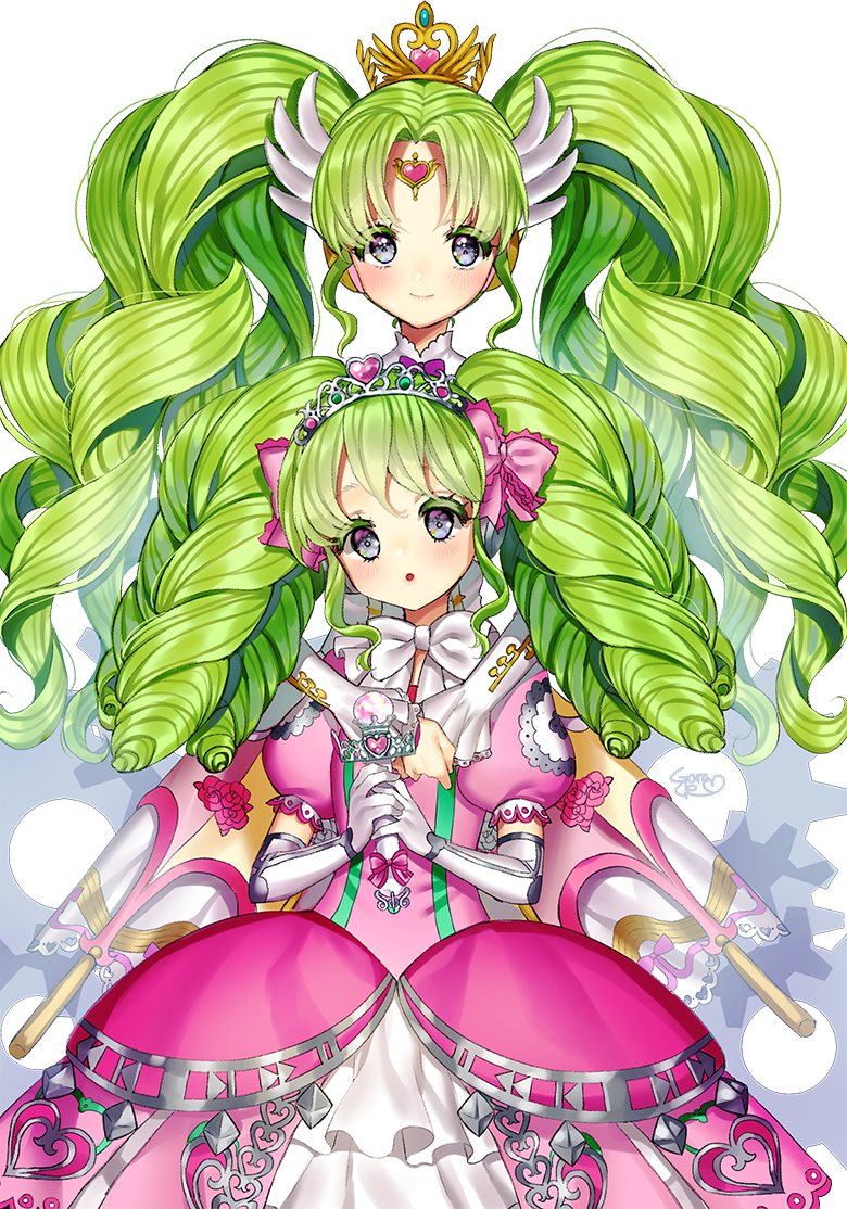 2girls, bad_id, bad_pixiv_id, colored_eyelashes, commentary, cowboy_shot, crown, dress
