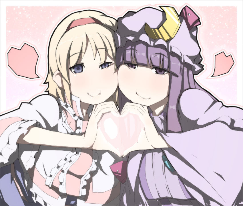 alice_margatroid, blonde_hair, blue_eyes, capelet, cheek_to_cheek, crescent, crescent_moon, gogyoo_hiroshi