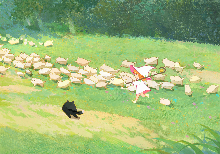 1girl, animal, black_cat, blush, boots, brown_cat, bush, carrying_over_shoulder, cat, closed_eyes, commentary, day, dress, english_commentary, grass, hat, highres, holding, holding_staff, long_hair, long_sleeves, mage_staff, mengxuanliart, open_mouth, orange_hair, original, outdoors, running, solo, staff, star_(symbol), white_cat, white_dress, white_hat, witch_hat, yellow_footwear