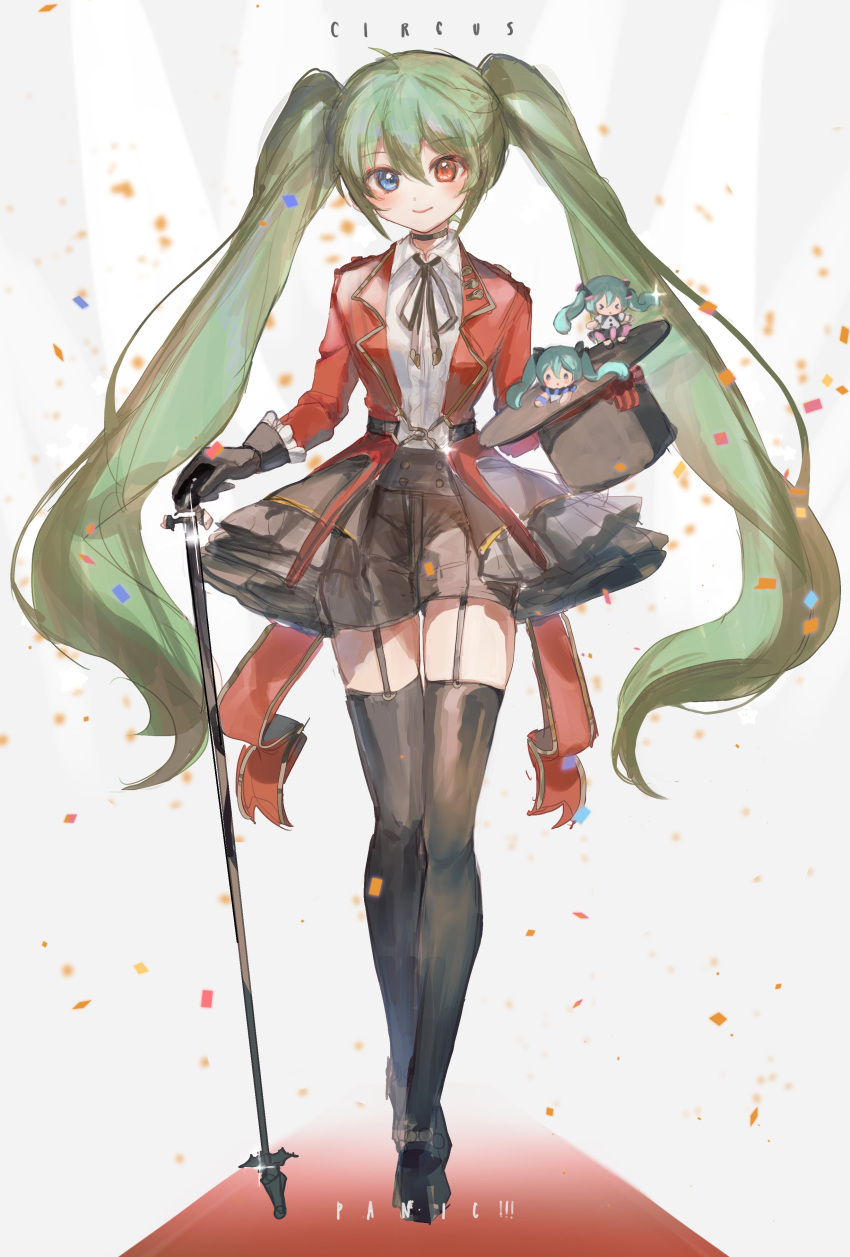 >_<, 3girls, absurdres, aqua_hair, black_choker, black_footwear, black_gloves, black_hat, black_necktie, black_shorts, black_thighhighs, blue_eyes, blue_wristband, blush, bow, cane, center_frills, chibi, choker, circus_panic!!!_(vocaloid), collared_shirt, confetti, copyright_name, frilled_cuffs, frills, full_body, garter_straps, gloves, gold_trim, green_hair, hair_ribbon, hat, hat_bow, hatsune_miku, heterochromia, highres, holding, holding_cane, holding_clothes, holding_hat, jacket, kikinoki, long_hair, looking_at_viewer, multiple_girls, necktie, parted_lips, red_eyes, red_jacket, ribbon, shirt, shorts, smile, thigh-highs, top_hat, tutu, twintails, very_long_hair, vocaloid, white_shirt