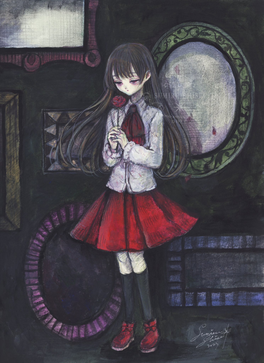1girl, acrylic_paint_(medium), black_hair, black_socks, commentary_request, expressionless, flower, full_body