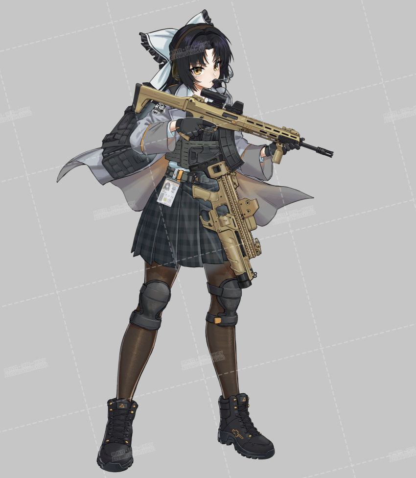 1girl, absurdres, artist_name, assault_rifle, black_gloves, black_hair, black_pantyhose, black_skirt