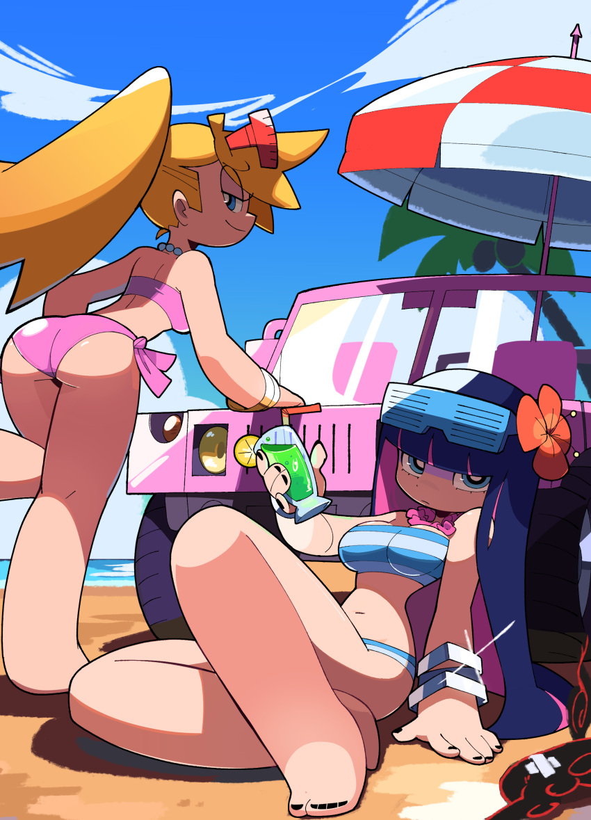2girls, absurdres, alternate_costume, arm_support, ass, bacun, beach_umbrella, bikini