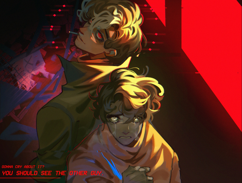 2boys, absurdres, brown_coat, brown_hair, cigarette, coat, colored_skin, crying