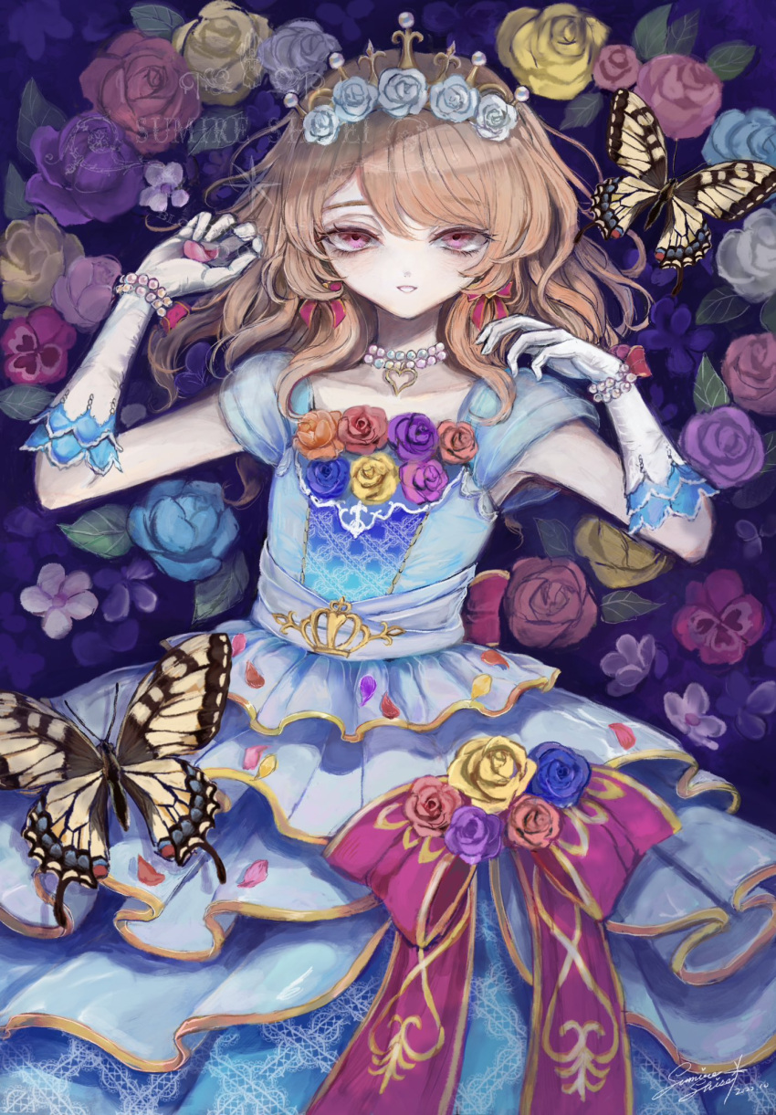 1girl, aikatsu!, aikatsu!_(series), blue_dress, blush, bow, bug, butterfly