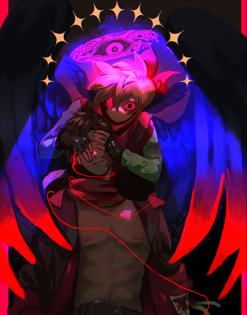 2boys, absurdres, bandaged_arm, bandages, bandana, black_gloves, blood, blood_on_bandages, blue_wings, brown_hair, colored_sclera, covering_another's_eyes, cyani07, dark_background, disembodied_eye, ear_wings, fingerless_gloves, gloves, goodtimeswithscar, green_shirt, grian_(youtuber), halo, highres, jacket, life_series_(minecraft_youtube), male_focus, minecraft_youtube, multiple_boys, no_shirt, open_clothes, open_jacket, red_bandana, red_eyes, red_jacket, red_sclera, red_sweater_vest, red_wings, scar, scar_across_eye, scar_on_cheek, scar_on_face, shirt, string, string_of_fate, sweater_vest, violet_eyes, wings