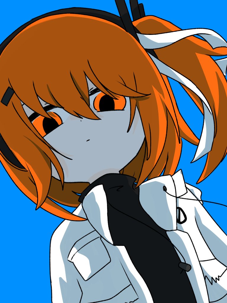 1girl, a.i._voice, adachi_rei, black_shirt, blue_background, closed_mouth, hair_between_eyes, hair_ribbon, hashtag-only_commentary, jacket, kebamushi, looking_at_viewer, medium_hair, one_side_up, open_clothes, open_jacket, orange_eyes, orange_hair, ribbon, shirt, simple_background, solo, turtleneck, upper_body, utau, white_jacket, white_ribbon