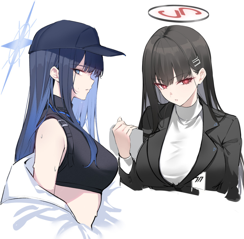 2girls, absurdres, baseball_cap, black_hair, blue_archive, blue_halo, bright_pupils, buckle