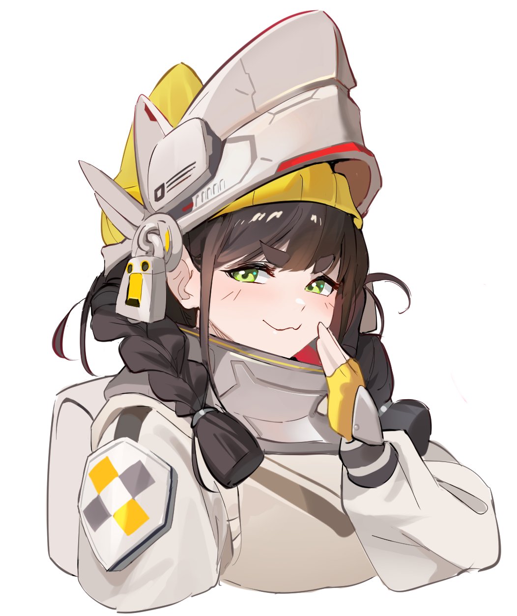 1girl, :3, armor, armored_gloves, backpack, bag, bell, braid, brown_hair, chime_(nikke), goddess_of_victory:_nikke, green_eyes, highres, rakaieye, simple_background, smug, solo, twin_braids, upper_body, visor_(armor), white_background, yellow_beanie
