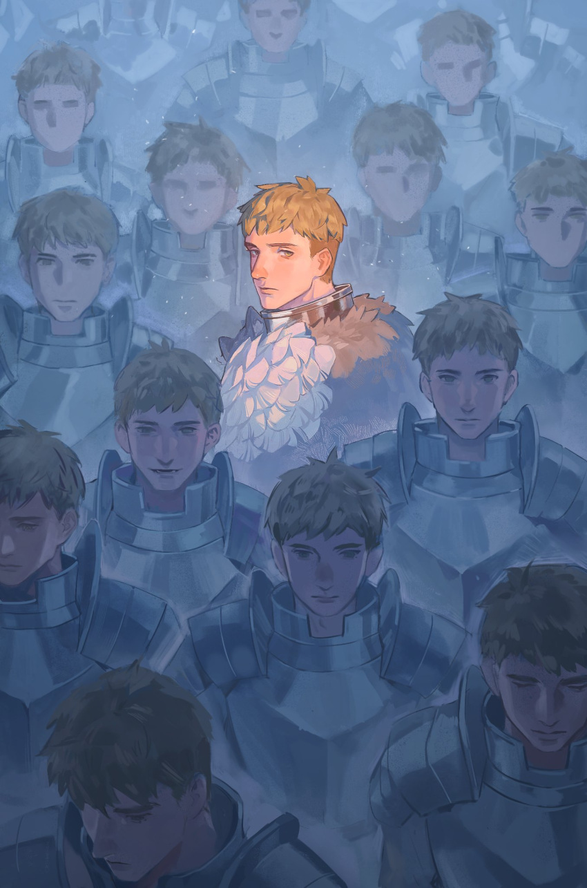 1boy, armor, blonde_hair, blue_background, chinese_commentary, clone, closed_mouth, commentary_request, dungeon_meshi, highres, laios_touden, le_0062, looking_at_viewer, looking_back, male_focus, odd_one_out, pauldrons, pelt, short_hair, shoulder_armor, too_many_clones, undercut, upper_body, very_short_hair, yellow_eyes
