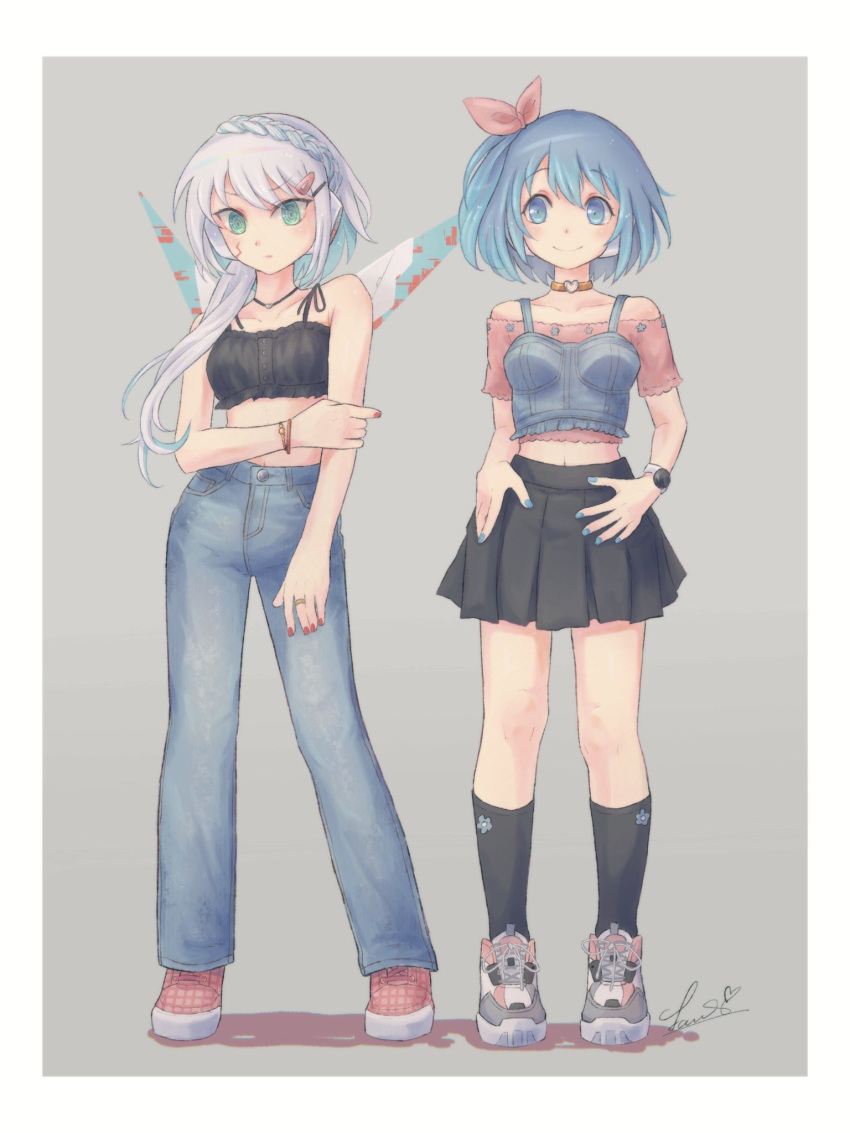 2girls, bare_shoulders, black_camisole, black_skirt, black_socks, blue_eyes, blue_hair, blue_pants