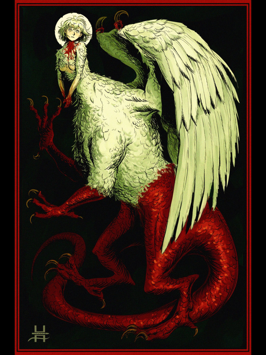1girl, black_background, blood, body_fur, border, chimera, dragon_girl, dungeon_meshi, falin_touden, falin_touden_(chimera), feathered_wings, feathers, frame, full_body, halo, highres, hushpuppyart, monster_girl, red_border, signature, solo, talons, white_feathers, wings, yellow_halo