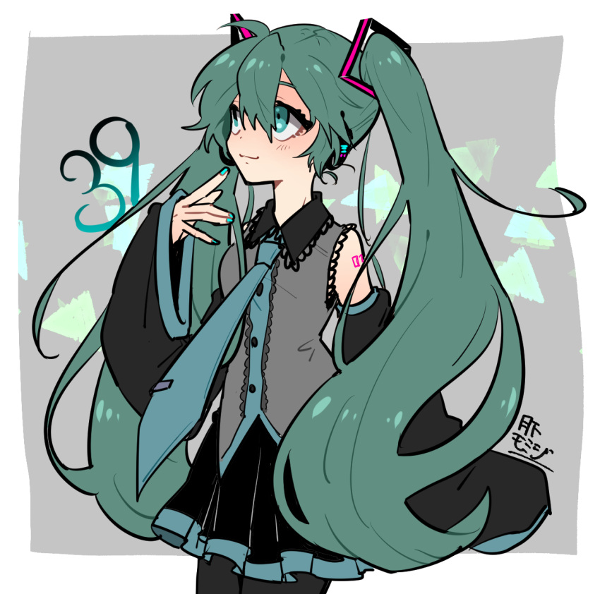1girl, 39, :3, aqua_eyes, aqua_hair, aqua_nails, aqua_necktie, bare_shoulders, black_skirt, border, closed_mouth, cowboy, finger_to_face, frilled_vest, frills, grey_vest, hatsune_miku, headset, highres, long_hair, long_sleeves, looking_up, miku_day, nape, necktie, outside_border, skirt, sleeves_past_wrists, smile, solo, standing, tareme, tukisita_momiji, twintails, vest, vocaloid, white_border