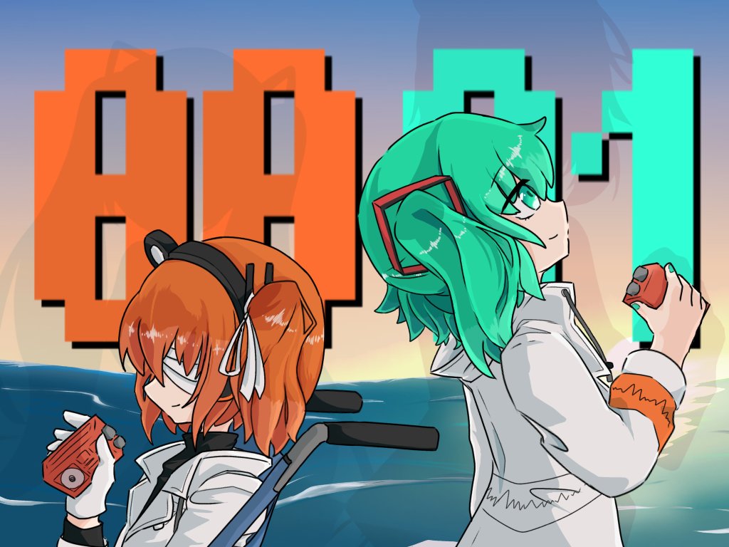 0001_(vocaloid), 2girls, adachi_rei, alternate_hair_length, alternate_hairstyle, back-to-back, bandages, bandages_over_eyes