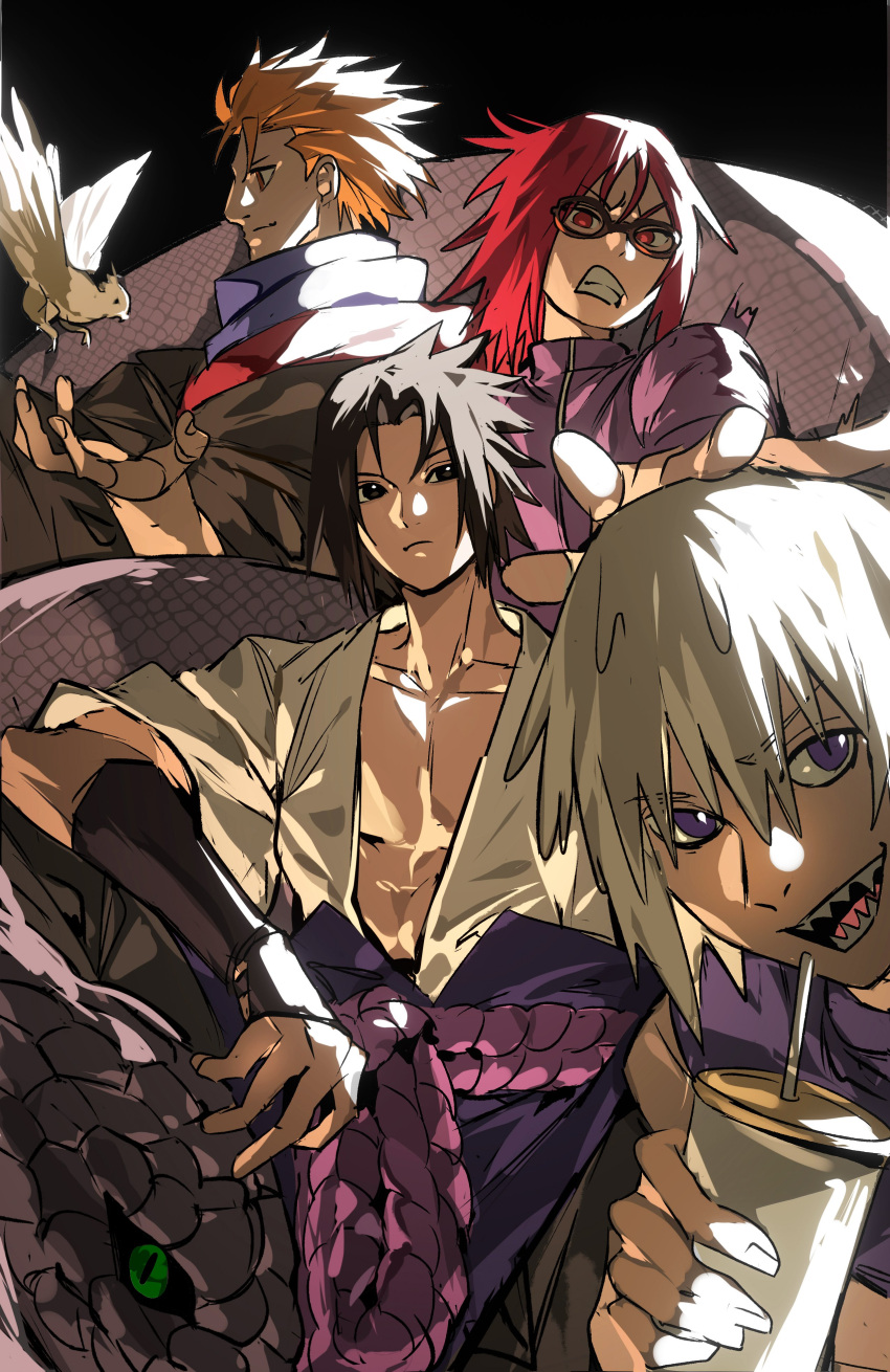 1girl, 3boys, absurdres, bird, black_background, black_eyes, black_hair, clenched_teeth