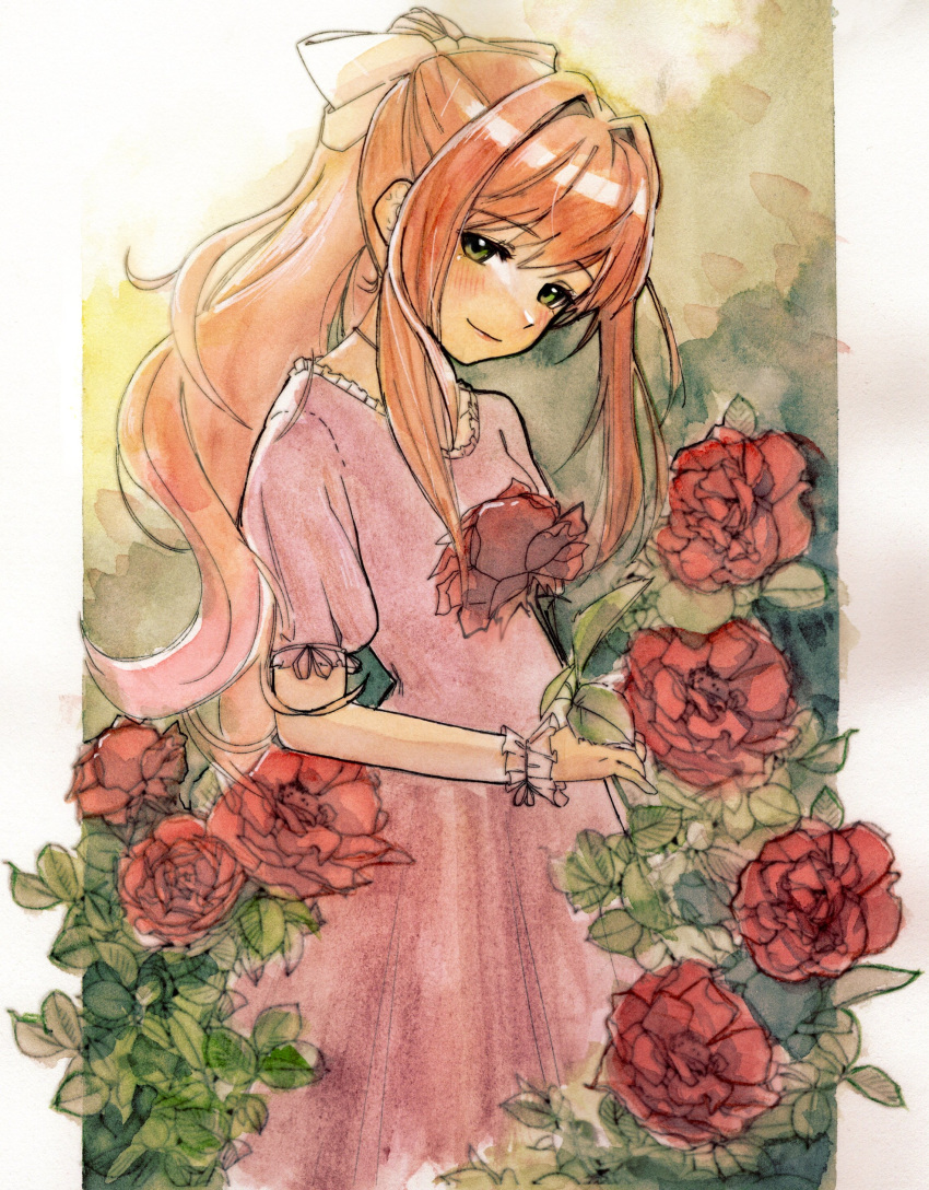 1girl, absurdres, border, bow, doki_doki_literature_club, dress, fei_(bell_fei), flower, frilled_wrist_cuffs, frills, green_background, green_eyes, hair_bow, hair_intakes, highres, holding, holding_flower, leaf, light_blush, looking_at_viewer, monika_(doki_doki_literature_club), orange_hair, pink_dress, pink_wrist_cuffs, ponytail, puffy_short_sleeves, puffy_sleeves, red_flower, short_sleeves, sidelocks, smile, solo, upper_body, white_border, white_bow, wrist_cuffs