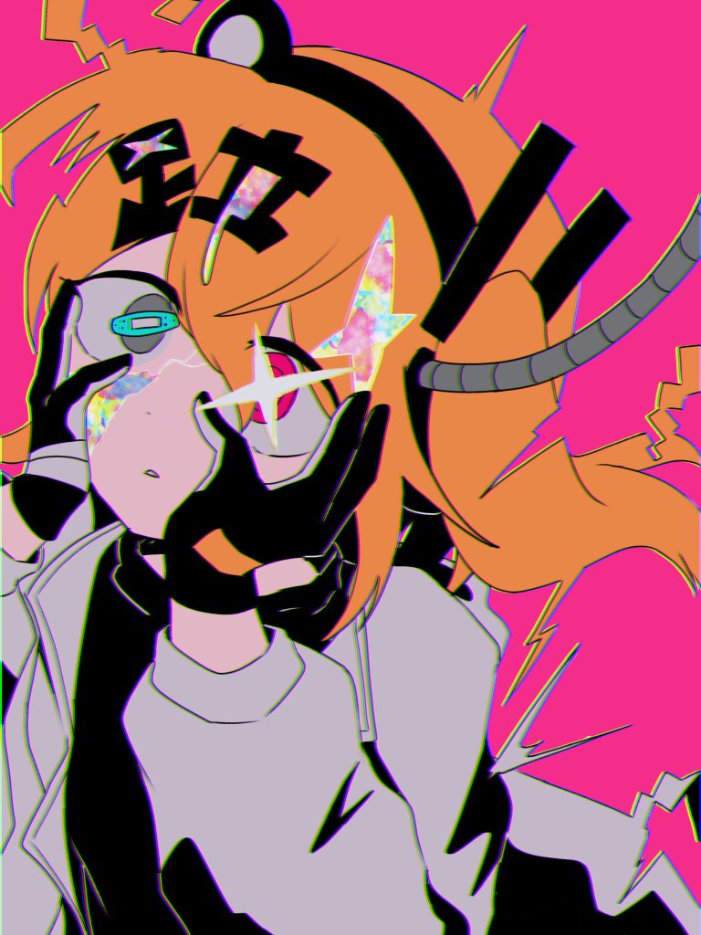 1girl, a.i._voice, adachi_rei, alternate_eye_color, bandaid_on_eye, black_gloves, black_shirt, cable, cracked_skin, gloves, grey_eyes, hands_on_own_cheeks, hands_on_own_face, headlamp, heterochromia, jacket, kanji_hair_ornament, kebamushi, long_sleeves, one_side_up, open_clothes, open_jacket, orange_hair, pink_background, pink_eyes, radio_antenna, shirt, solo, tougenkyou_e_ikou_(utau), upper_body, utau, white_jacket